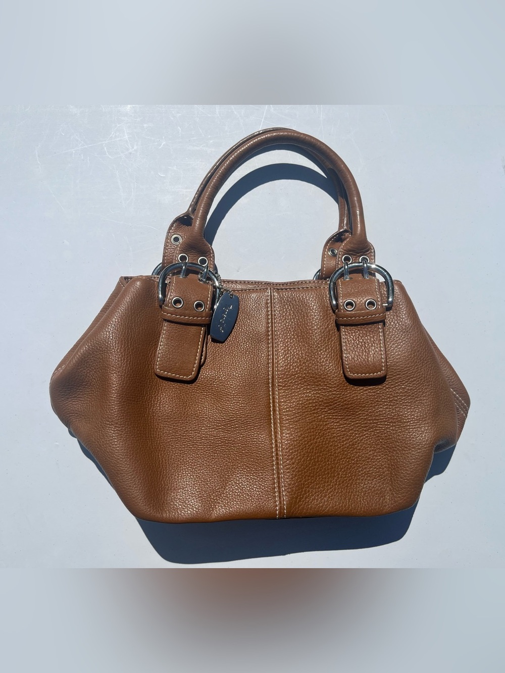 Tignanello Cognac Brown Pebbled Leather Buckle Satchel Bag Silver Hardware WMNS